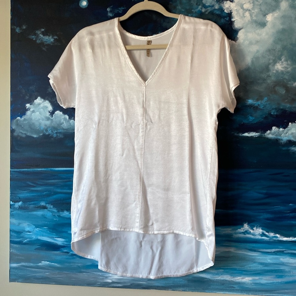 XCVI Shimmering White V Neck